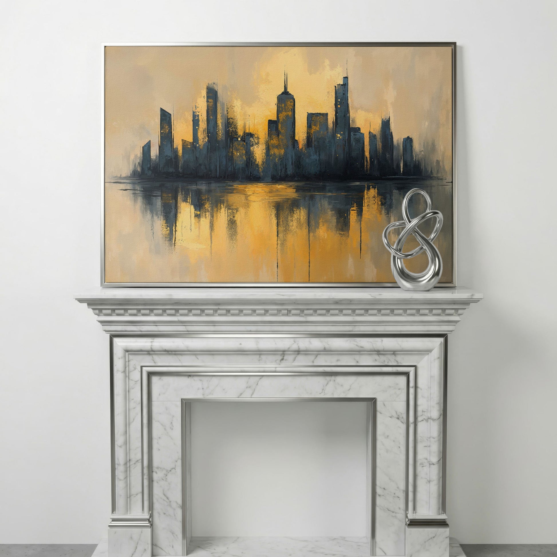 City Skyline Reflection Canvas Print. Golden Urban Abstract in silver floating frame