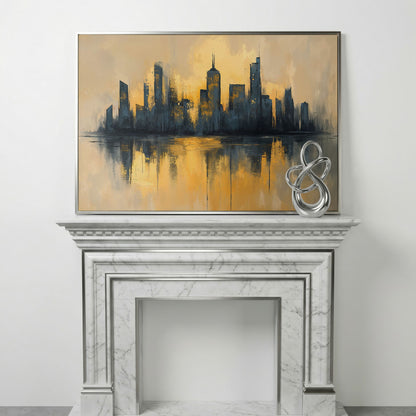 City Skyline Reflection Canvas Print. Golden Urban Abstract in silver floating frame