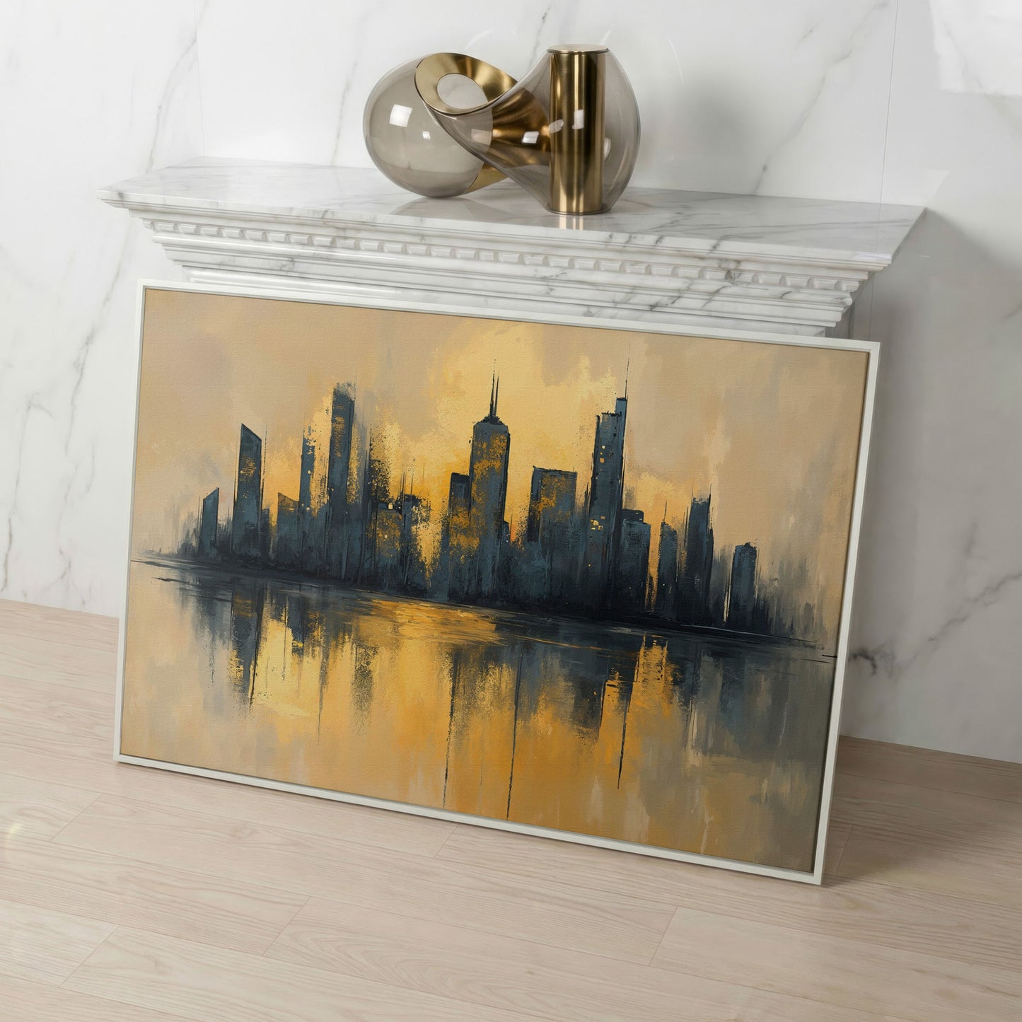 City Skyline Reflection Canvas Print. Golden Urban Abstract in white floating frame