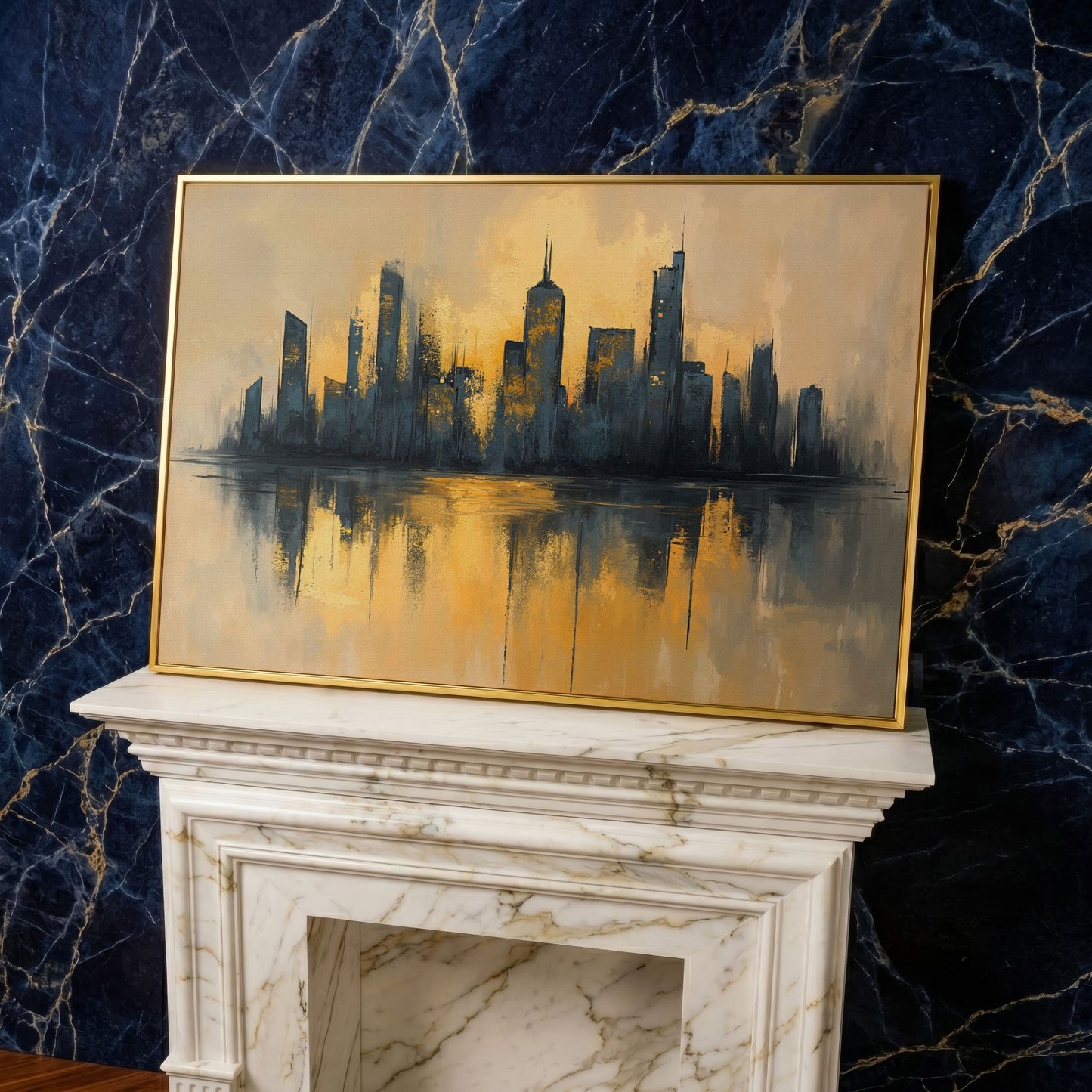 City Skyline Reflection Canvas Print. Golden Urban Abstract in yellow gold floating frame