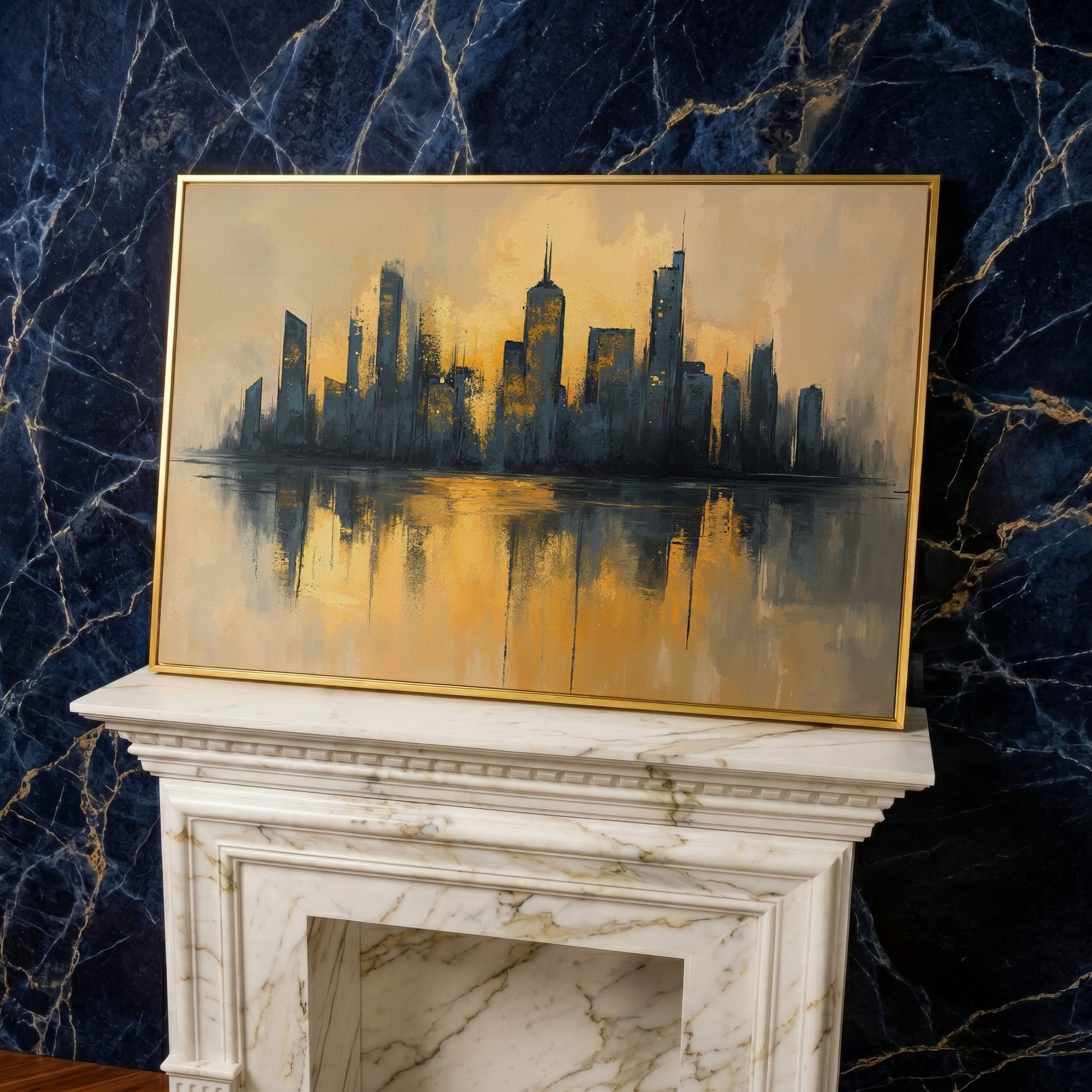 City Skyline Reflection Canvas Print. Golden Urban Abstract in yellow gold floating frame