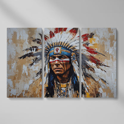Native American Warrior Portrait Canvas as 3-panel split version