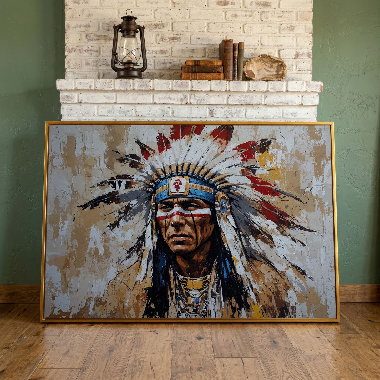 Native American Warrior Portrait Canvas in antique gold floating frame