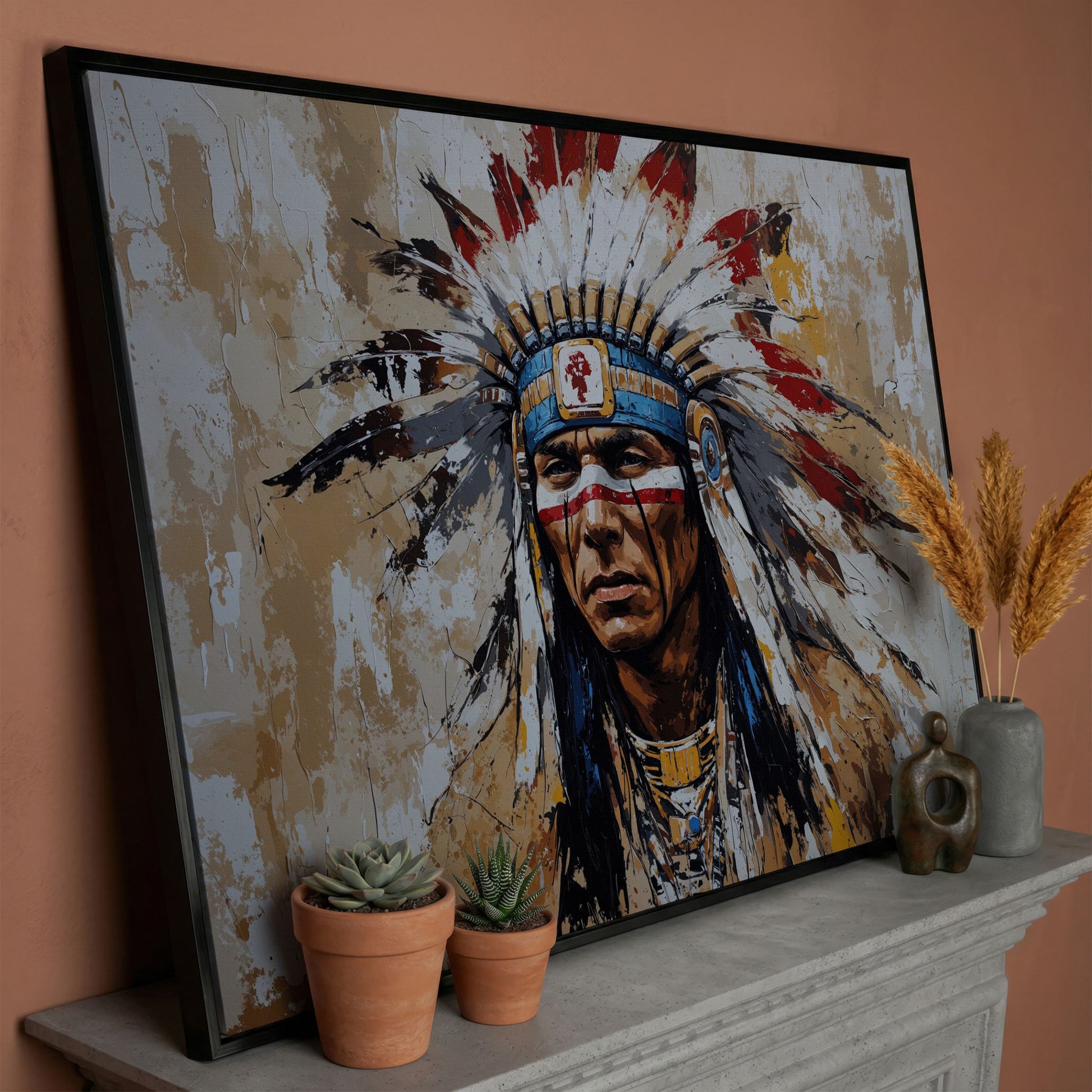 Native American Warrior Portrait Canvas in black floating frame