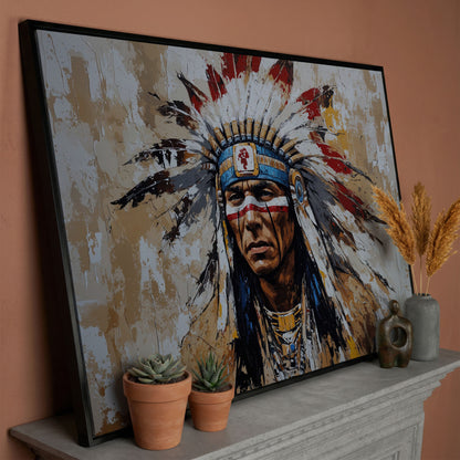 Native American Warrior Portrait Canvas in black floating frame