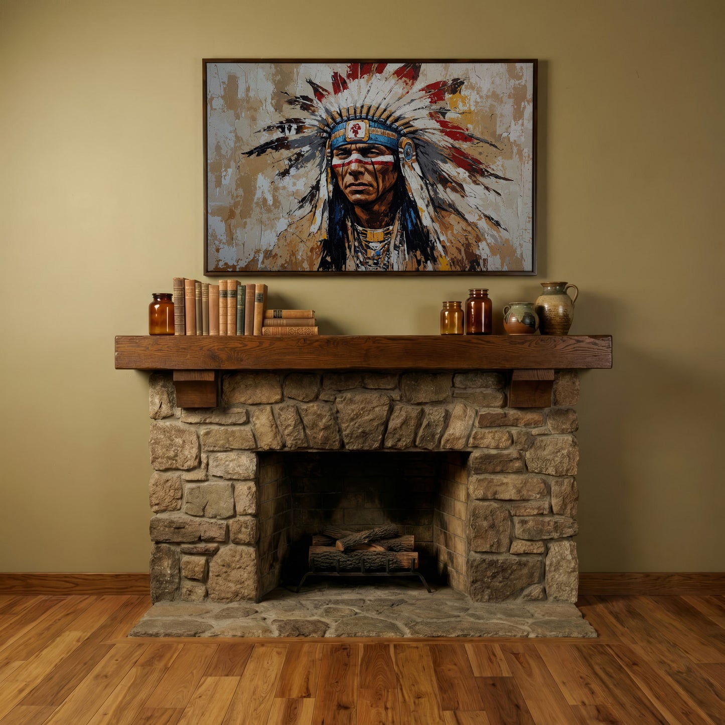 Native American Warrior Portrait Canvas in dark walnut floating frame