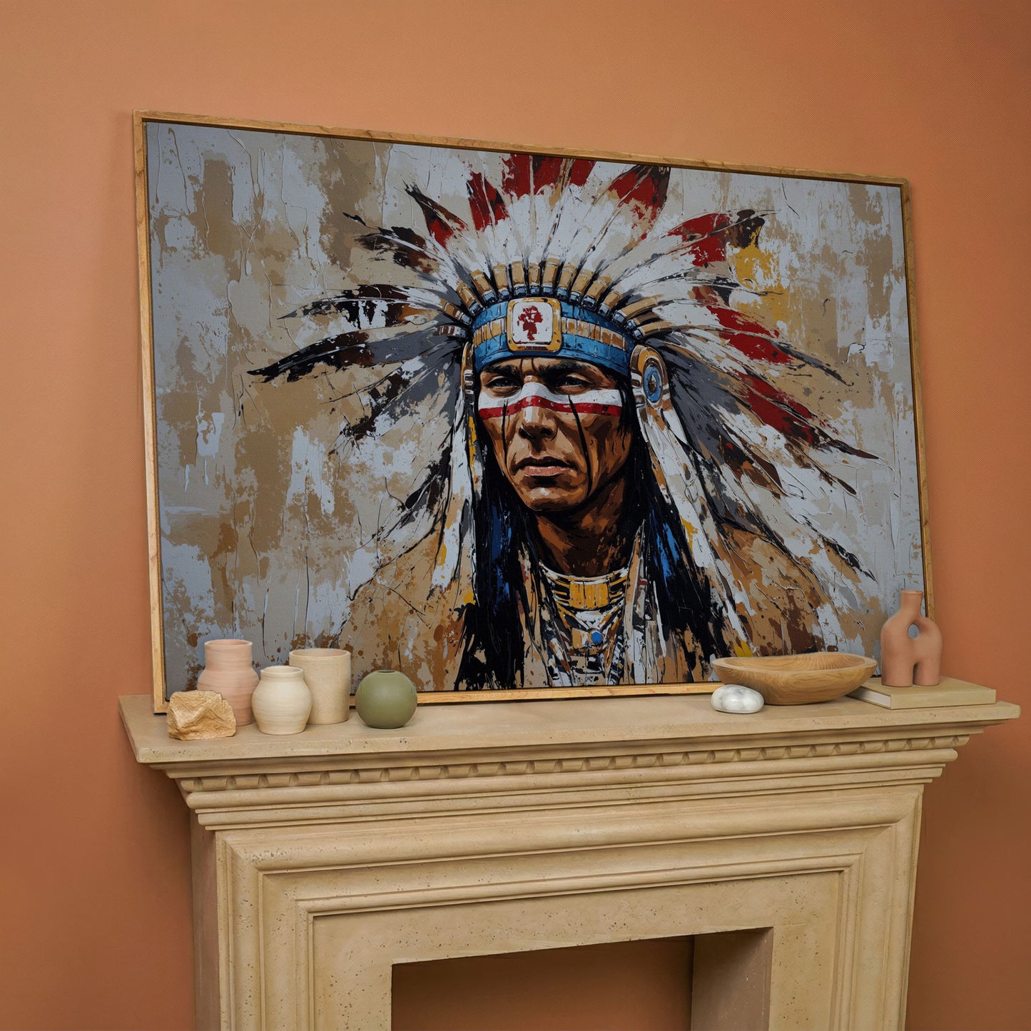 Native American Warrior Portrait Canvas in white oak floating frame