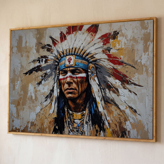 Native American Warrior Portrait Canvas shown in white oak floating frame
