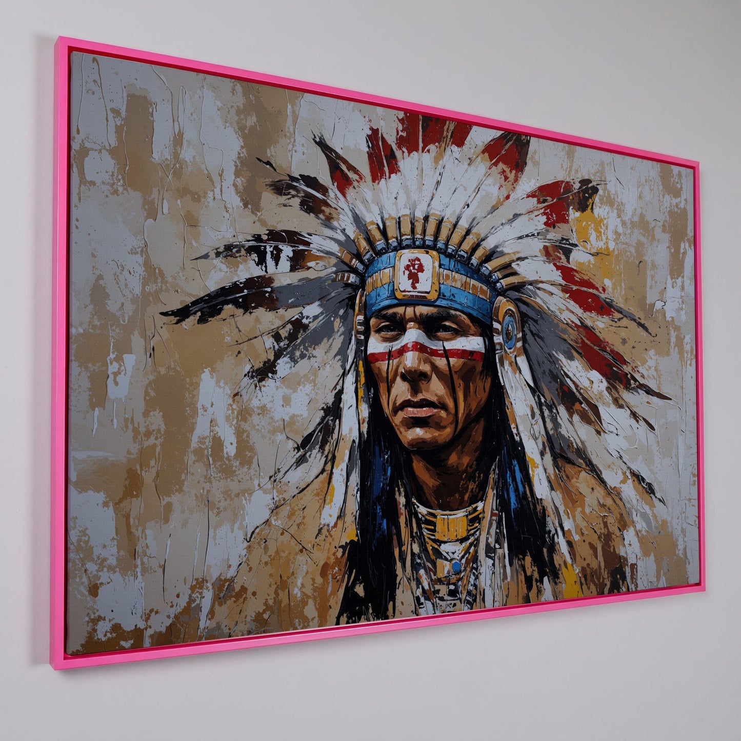 Native American Warrior Portrait Canvas in pink floating frame