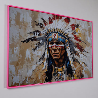 Native American Warrior Portrait Canvas in pink floating frame