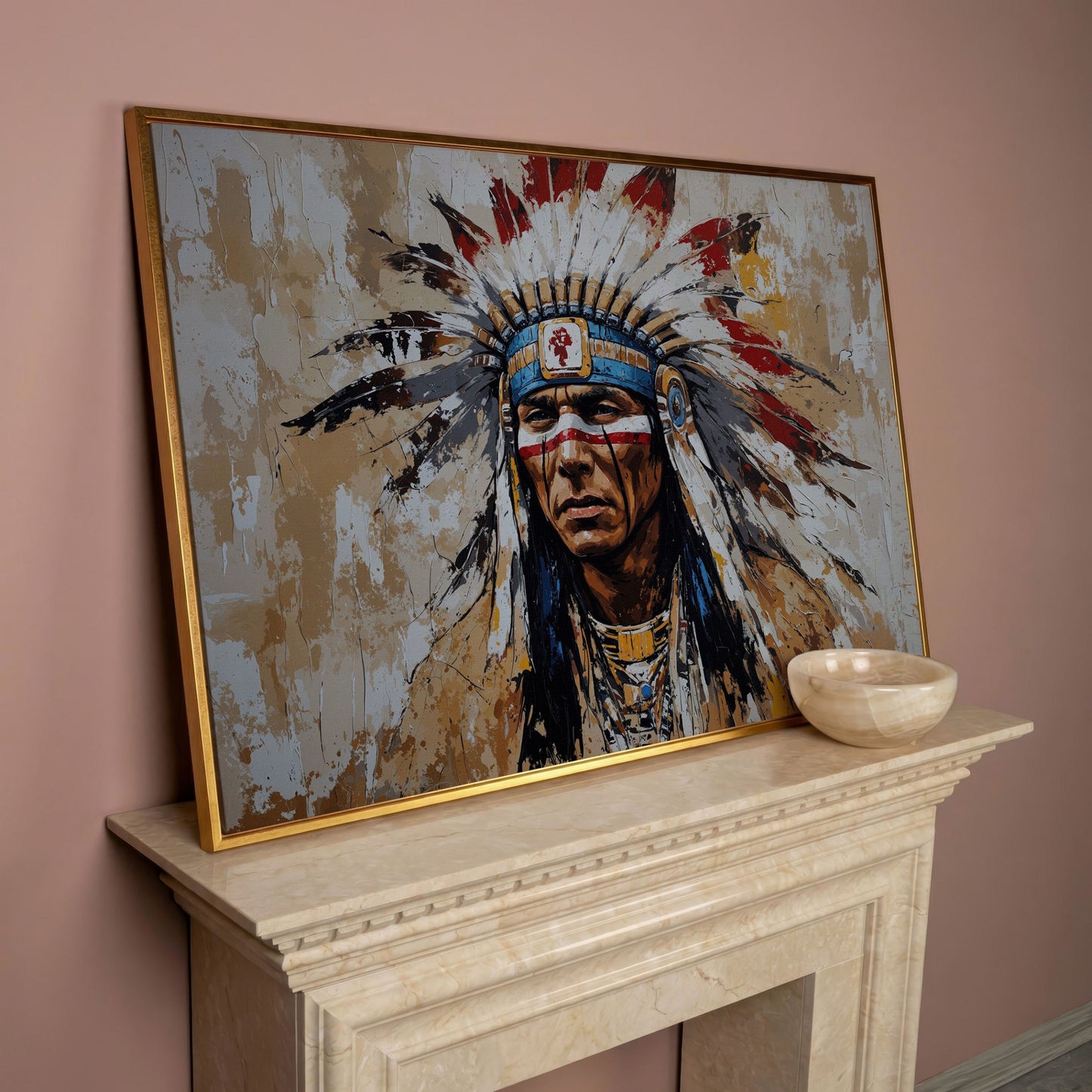 Native American Warrior Portrait Canvas in rose gold floating frame