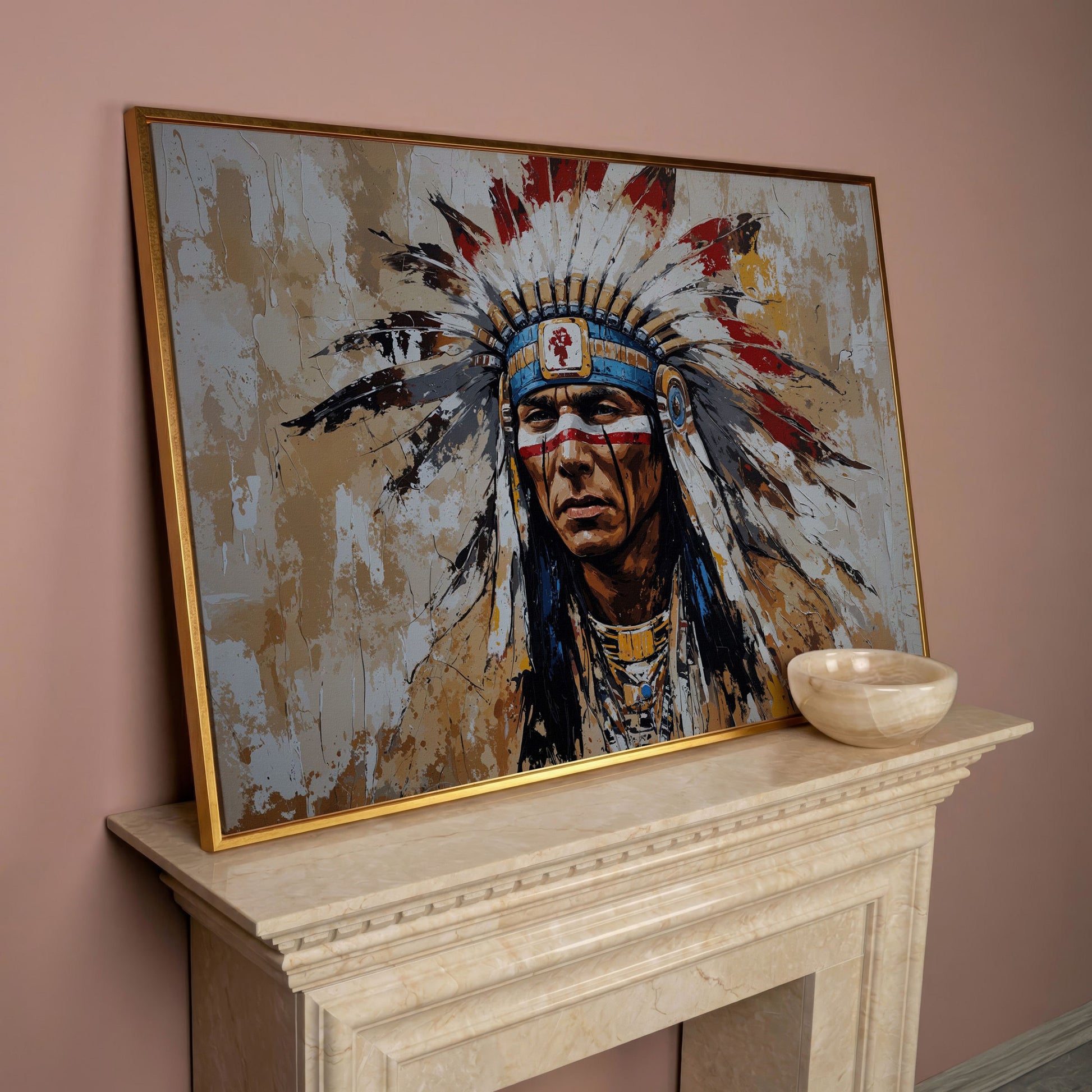 Native American Warrior Portrait Canvas in rose gold floating frame
