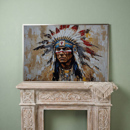 Native American Warrior Portrait Canvas in silver floating frame