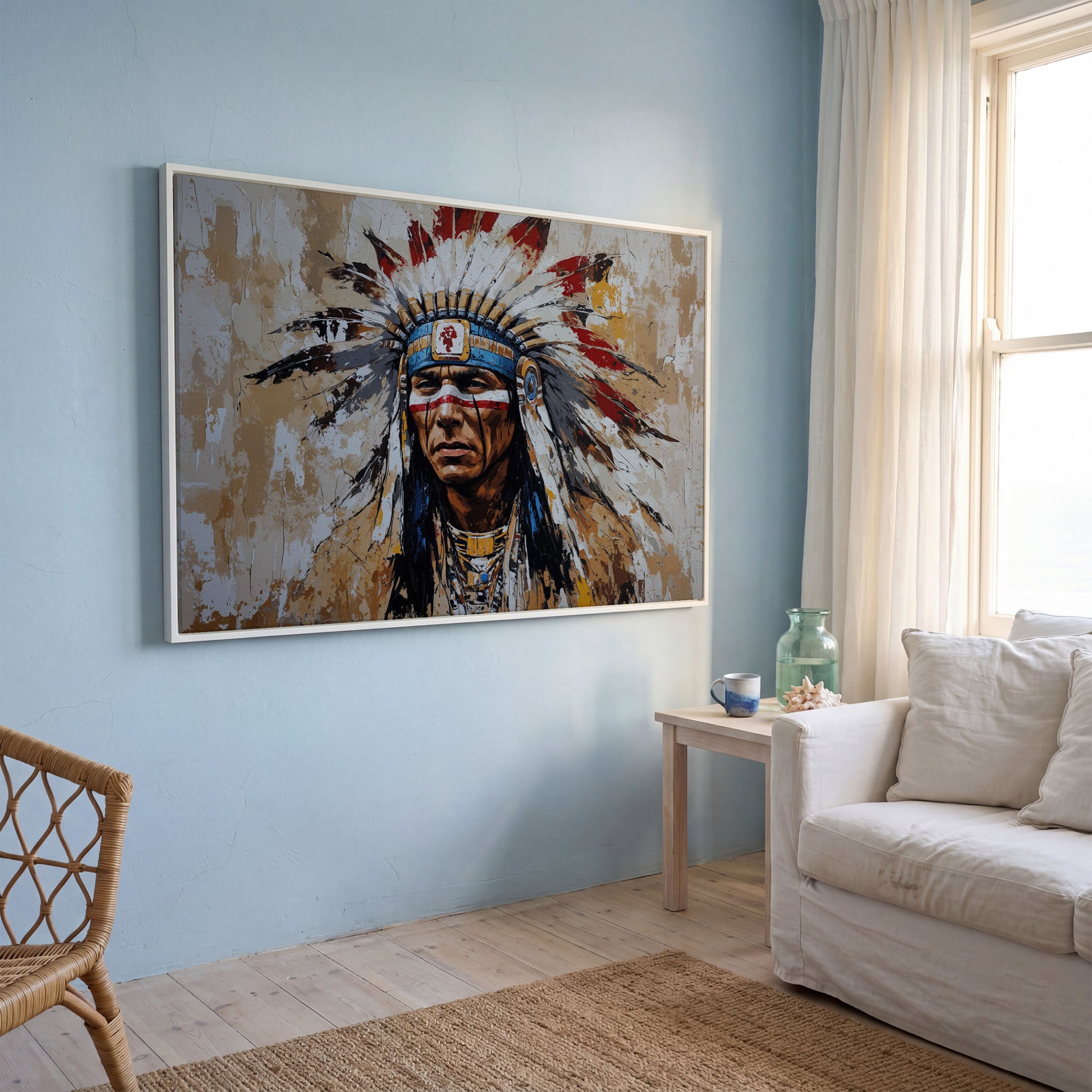Native American Warrior Portrait Canvas in white floating frame