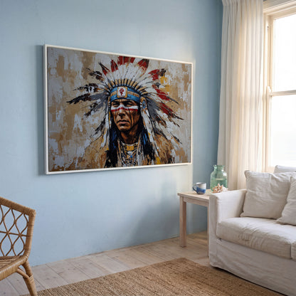 Native American Warrior Portrait Canvas in white floating frame