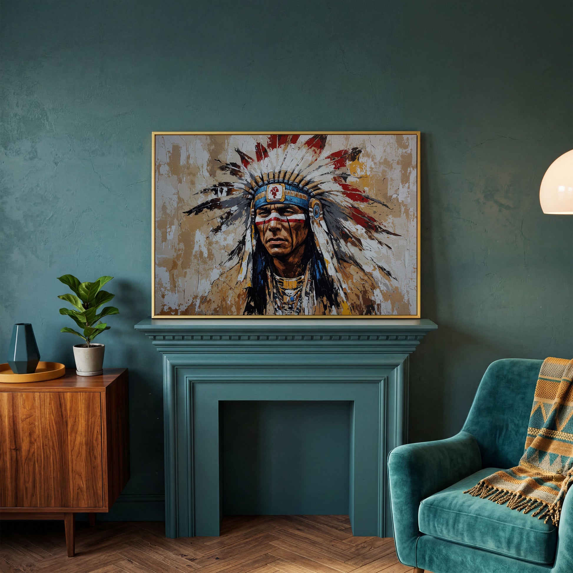 Native American Warrior Portrait Canvas in yellow gold floating frame