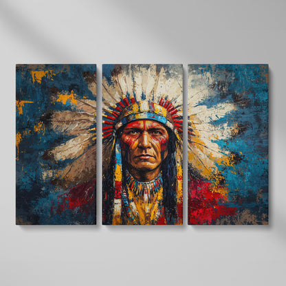 Native American Chief Portrait in Ochre and Cerulean canvas as 3-panel split version