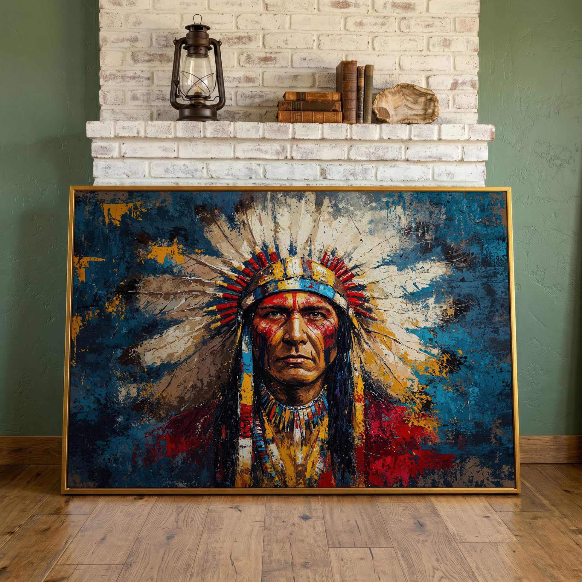 Native American Chief Portrait in Ochre and Cerulean canvas in antique gold floating frame