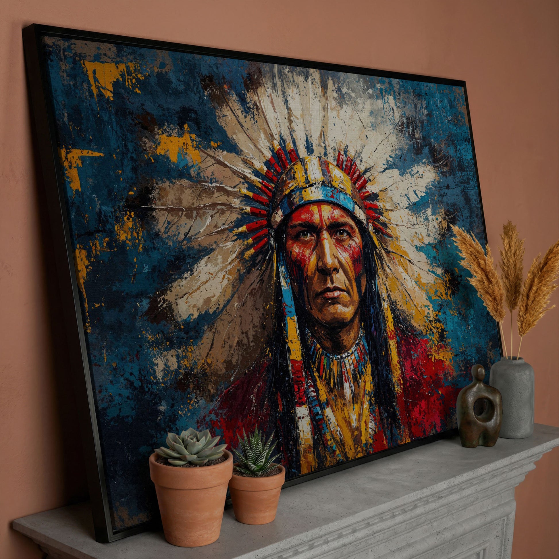 Native American Chief Portrait in Ochre and Cerulean canvas in black floating frame