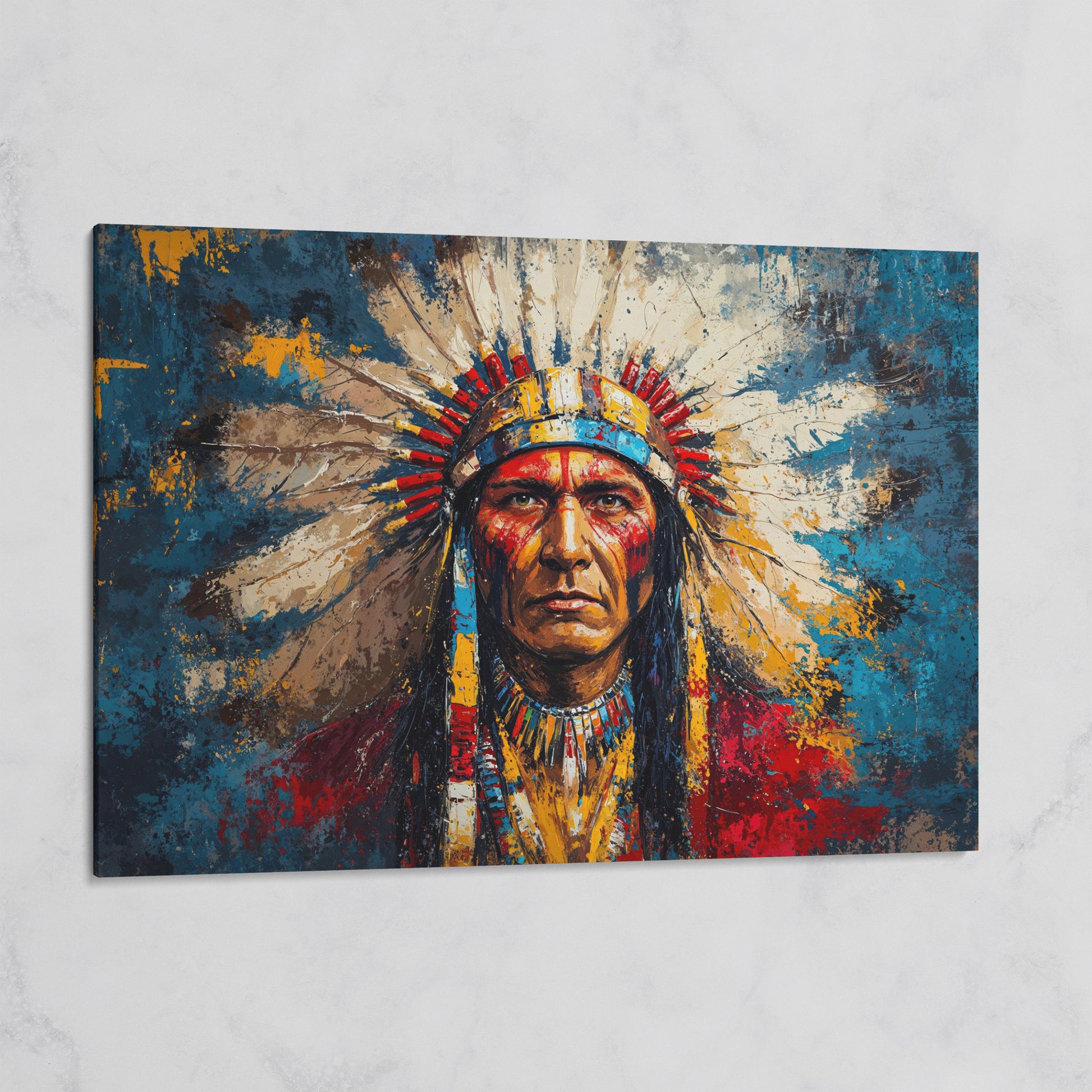 Native American Chief Portrait in Ochre and Cerulean on gallery wrap canvas