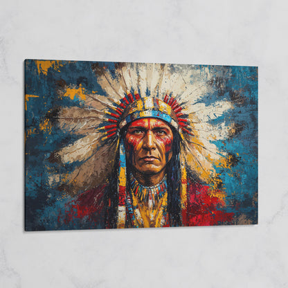 Native American Chief Portrait in Ochre and Cerulean on gallery wrap canvas