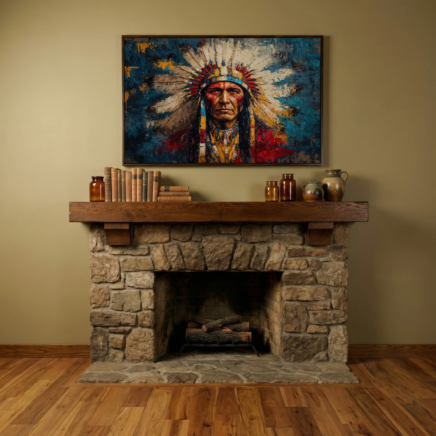 Native American Chief Portrait in Ochre and Cerulean canvas in dark walnut floating frame
