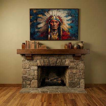 Native American Chief Portrait in Ochre and Cerulean canvas in dark walnut floating frame