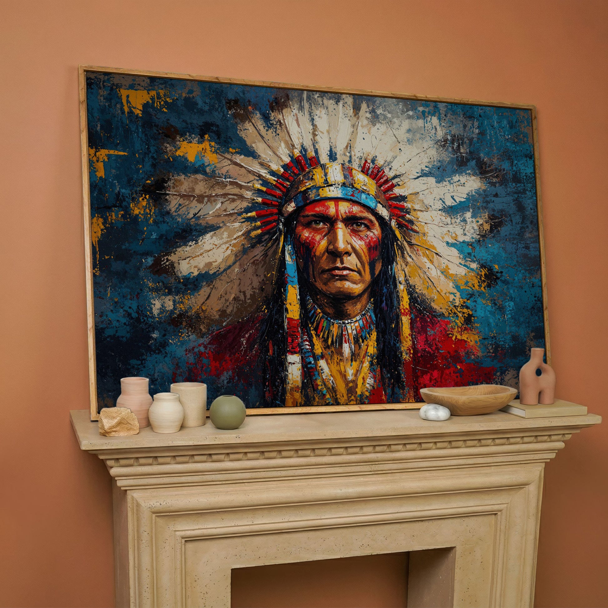 Native American Chief Portrait in Ochre and Cerulean canvas in white oak floating frame