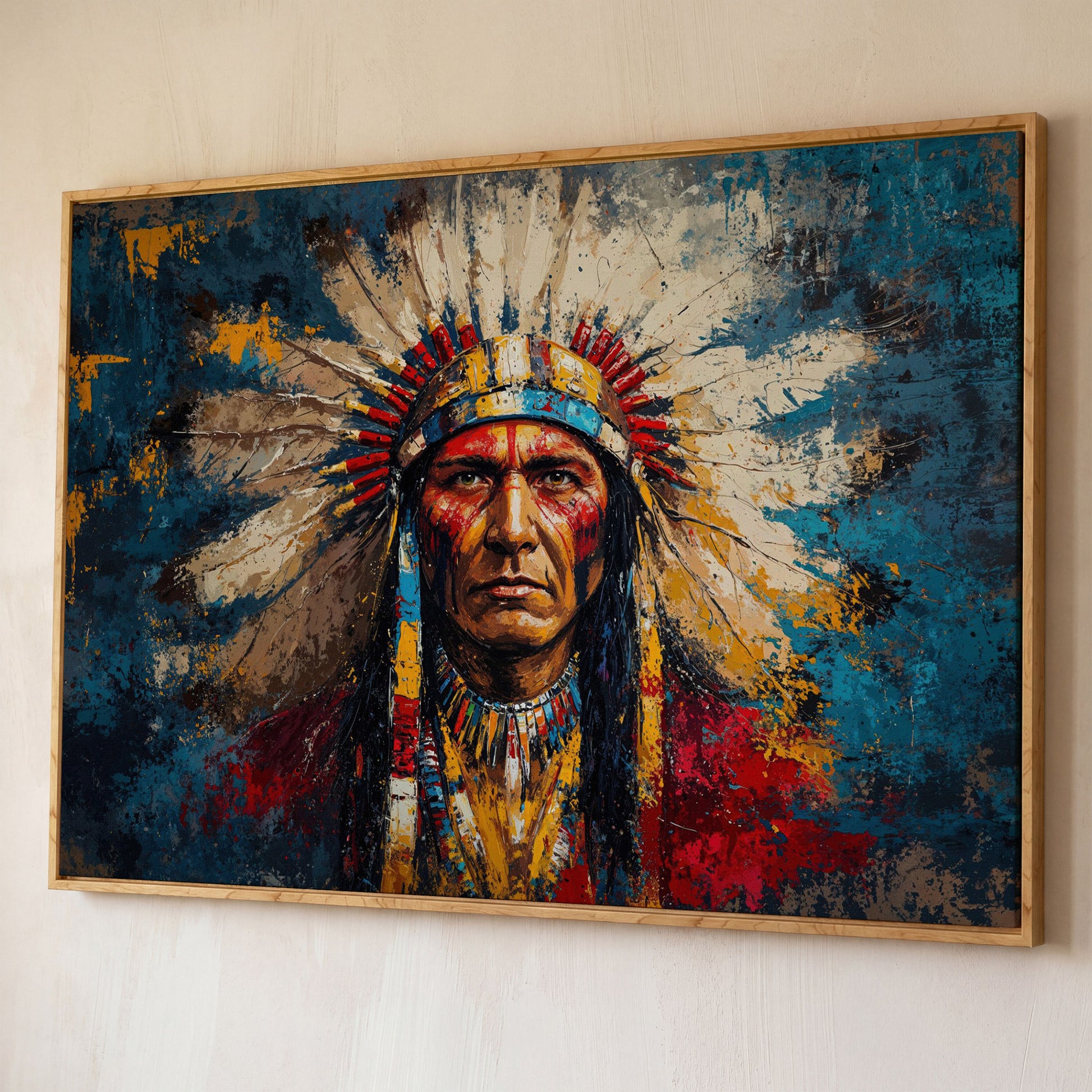 Native American Chief Portrait in Ochre and Cerulean canvas shown in white oak floating frame