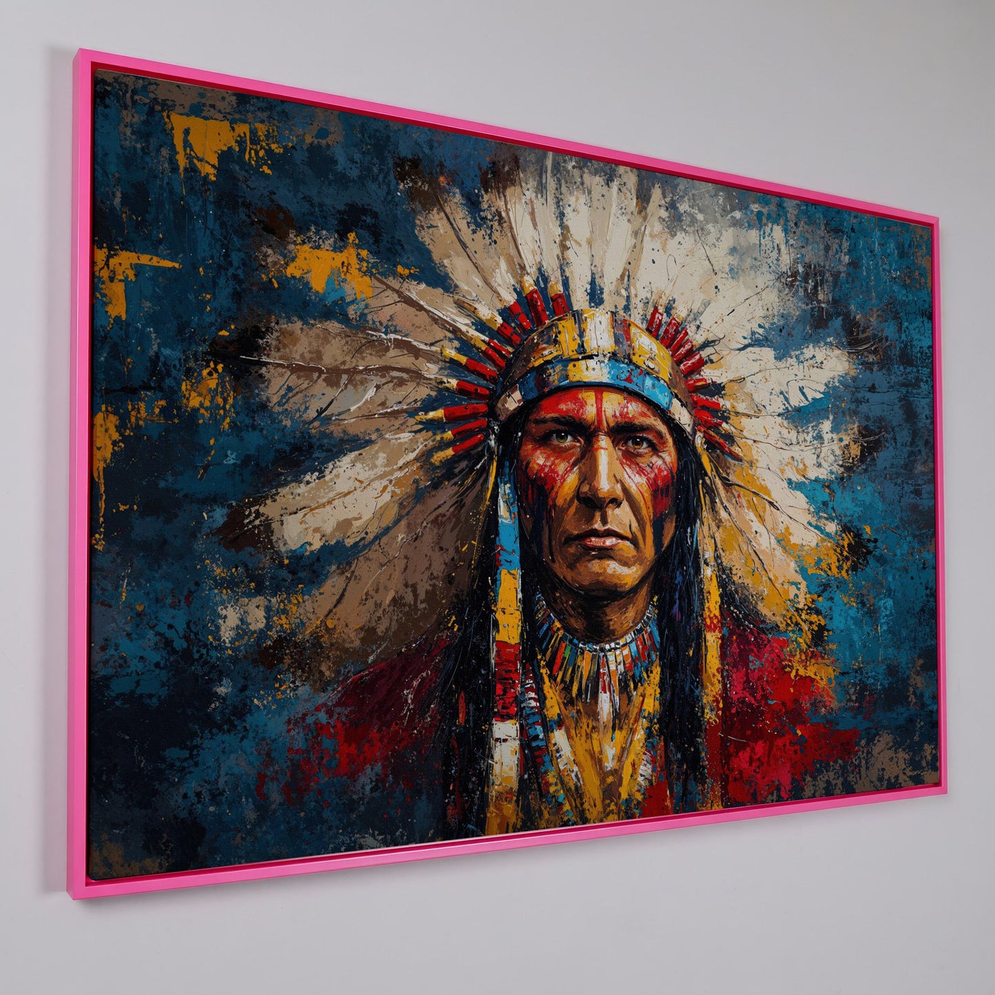 Native American Chief Portrait in Ochre and Cerulean canvas in pink floating frame