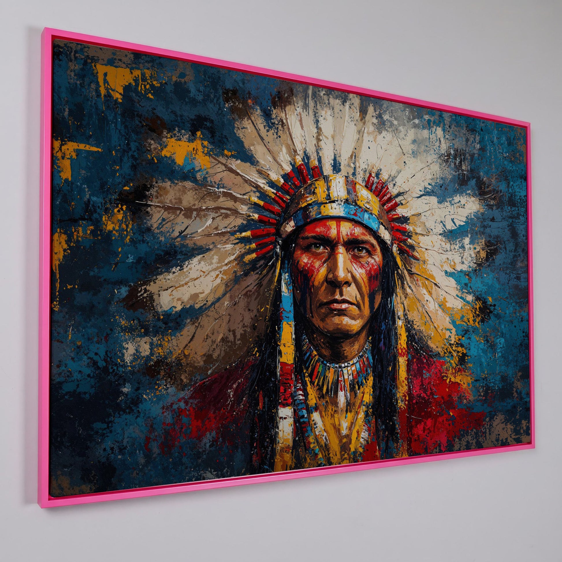 Native American Chief Portrait in Ochre and Cerulean canvas in pink floating frame
