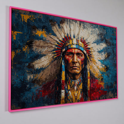 Native American Chief Portrait in Ochre and Cerulean canvas in pink floating frame