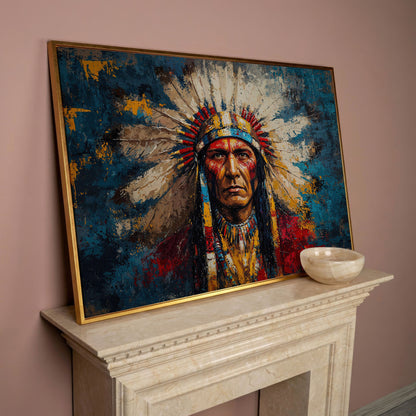 Native American Chief Portrait in Ochre and Cerulean canvas in rose gold floating frame