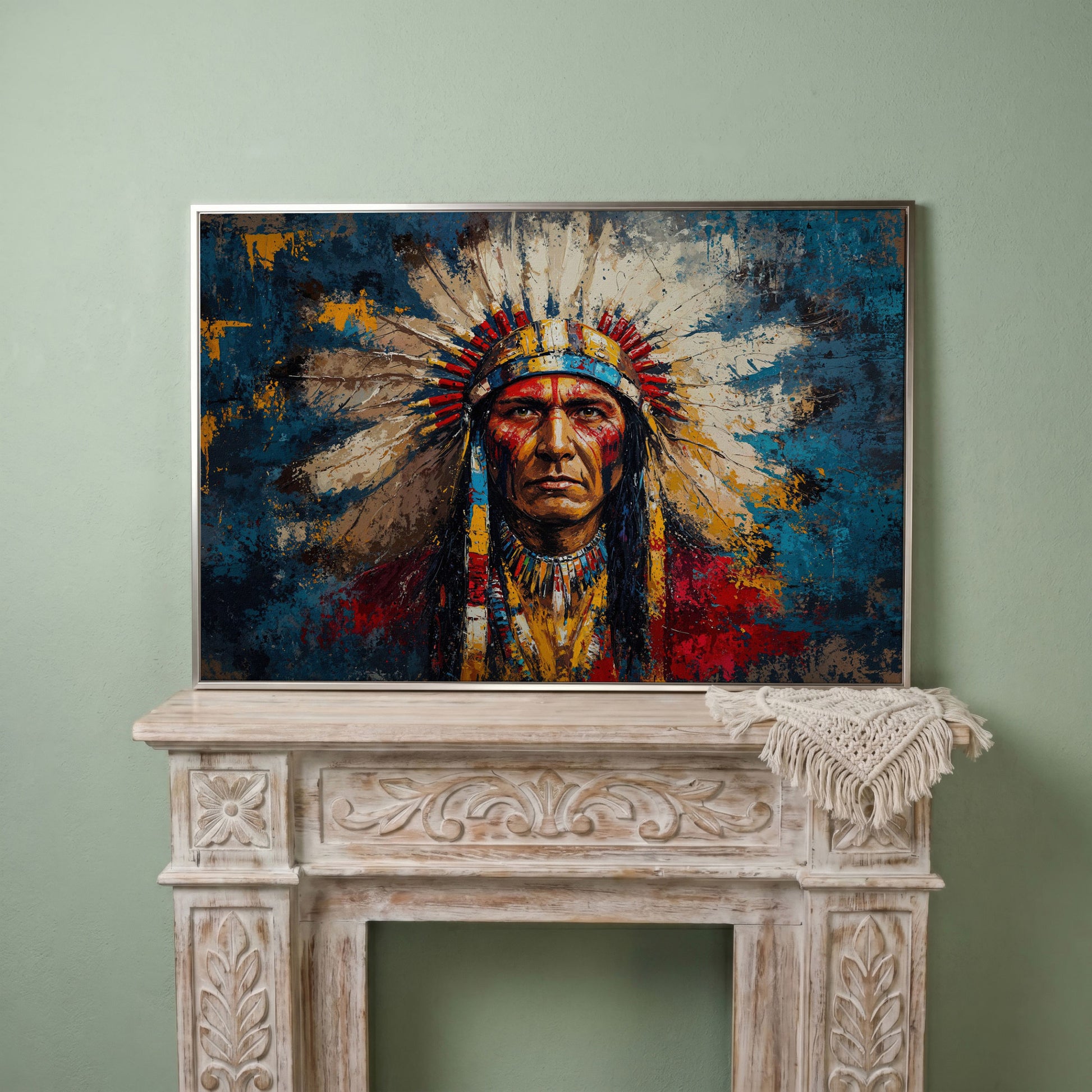 Native American Chief Portrait in Ochre and Cerulean canvas in silver floating frame