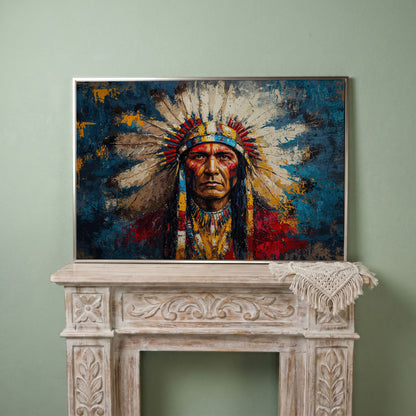 Native American Chief Portrait in Ochre and Cerulean canvas in silver floating frame