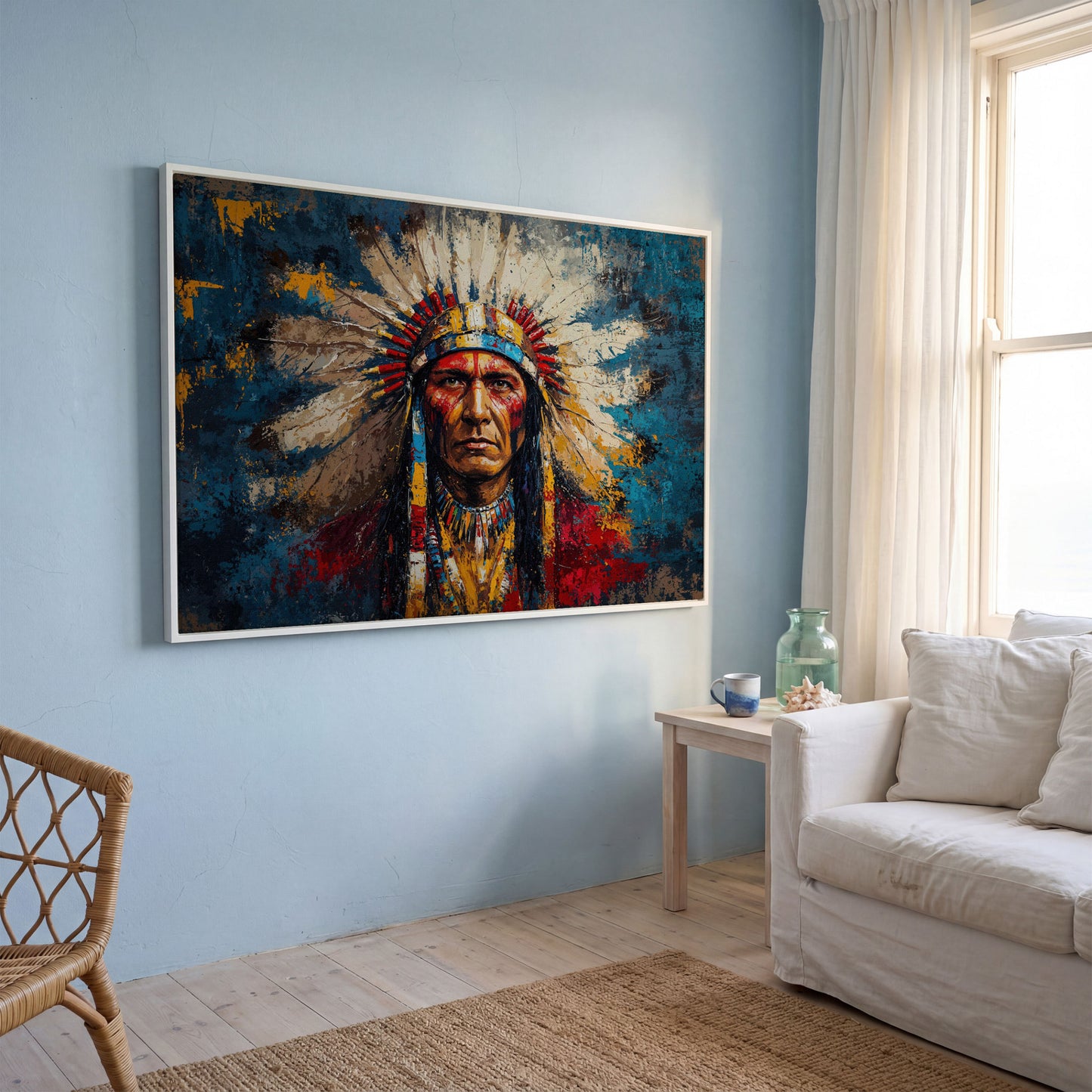 Native American Chief Portrait in Ochre and Cerulean canvas in white floating frame