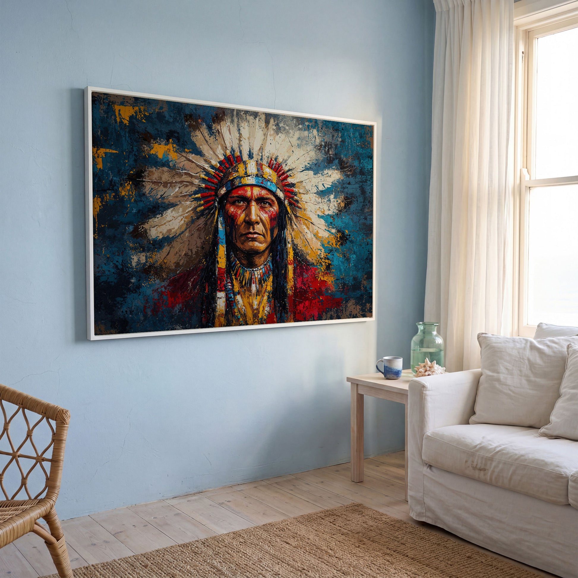 Native American Chief Portrait in Ochre and Cerulean canvas in white floating frame