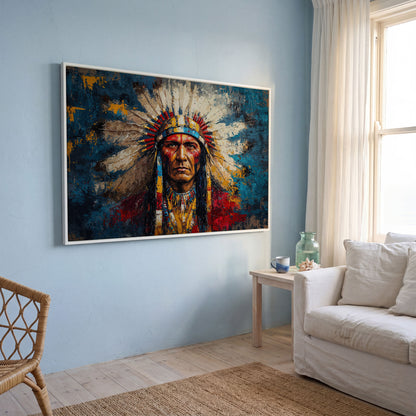 Native American Chief Portrait in Ochre and Cerulean canvas in white floating frame