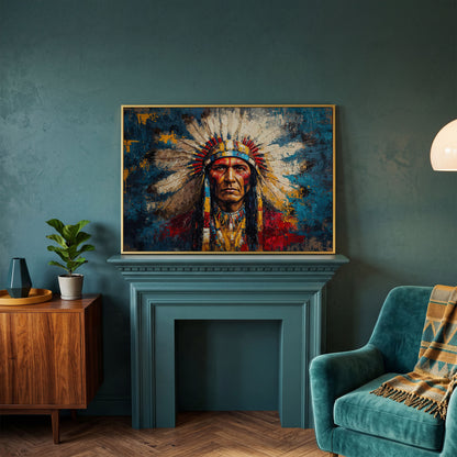 Native American Chief Portrait in Ochre and Cerulean canvas in yellow gold floating frame