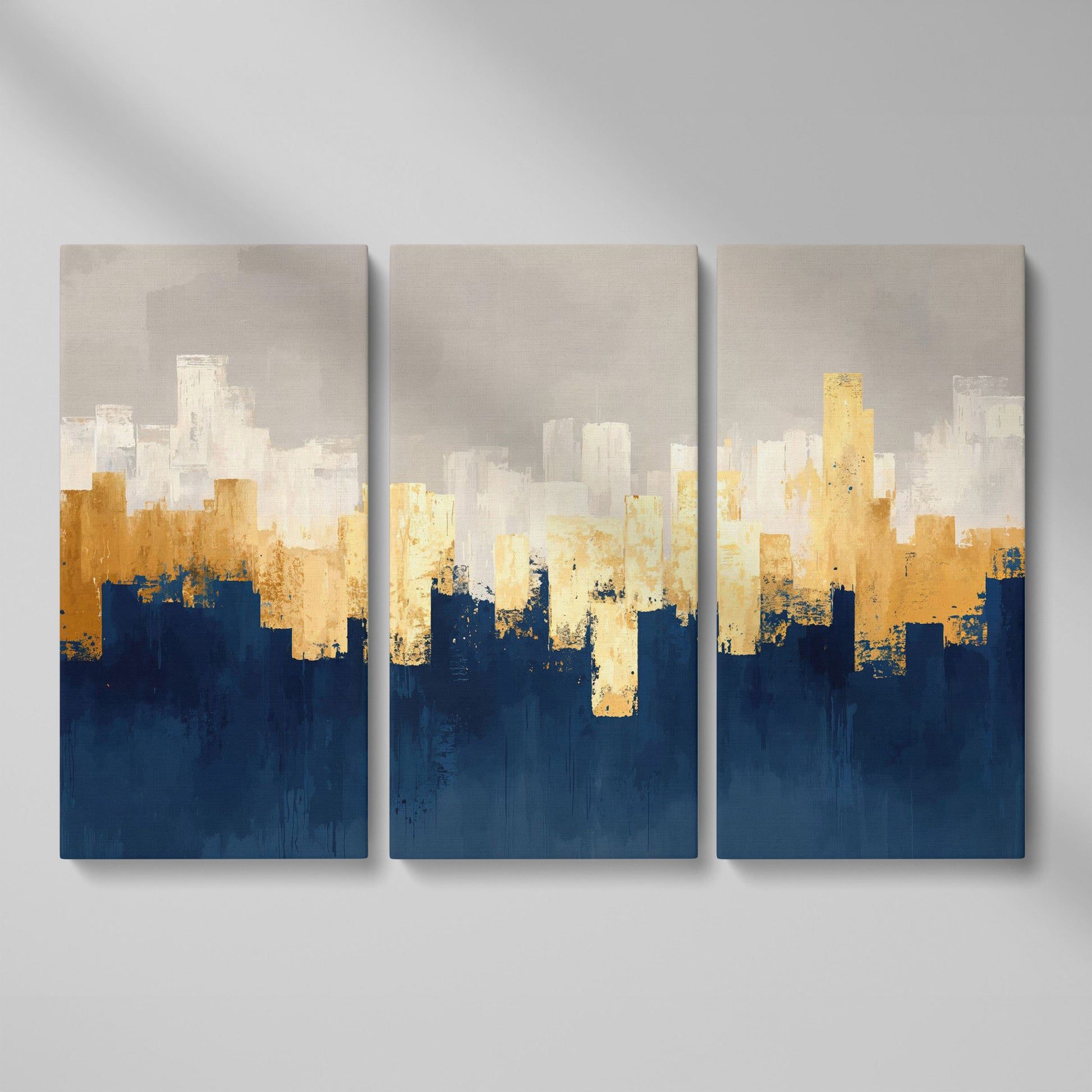 Gold and Navy Abstract Canvas as 3-panel split version