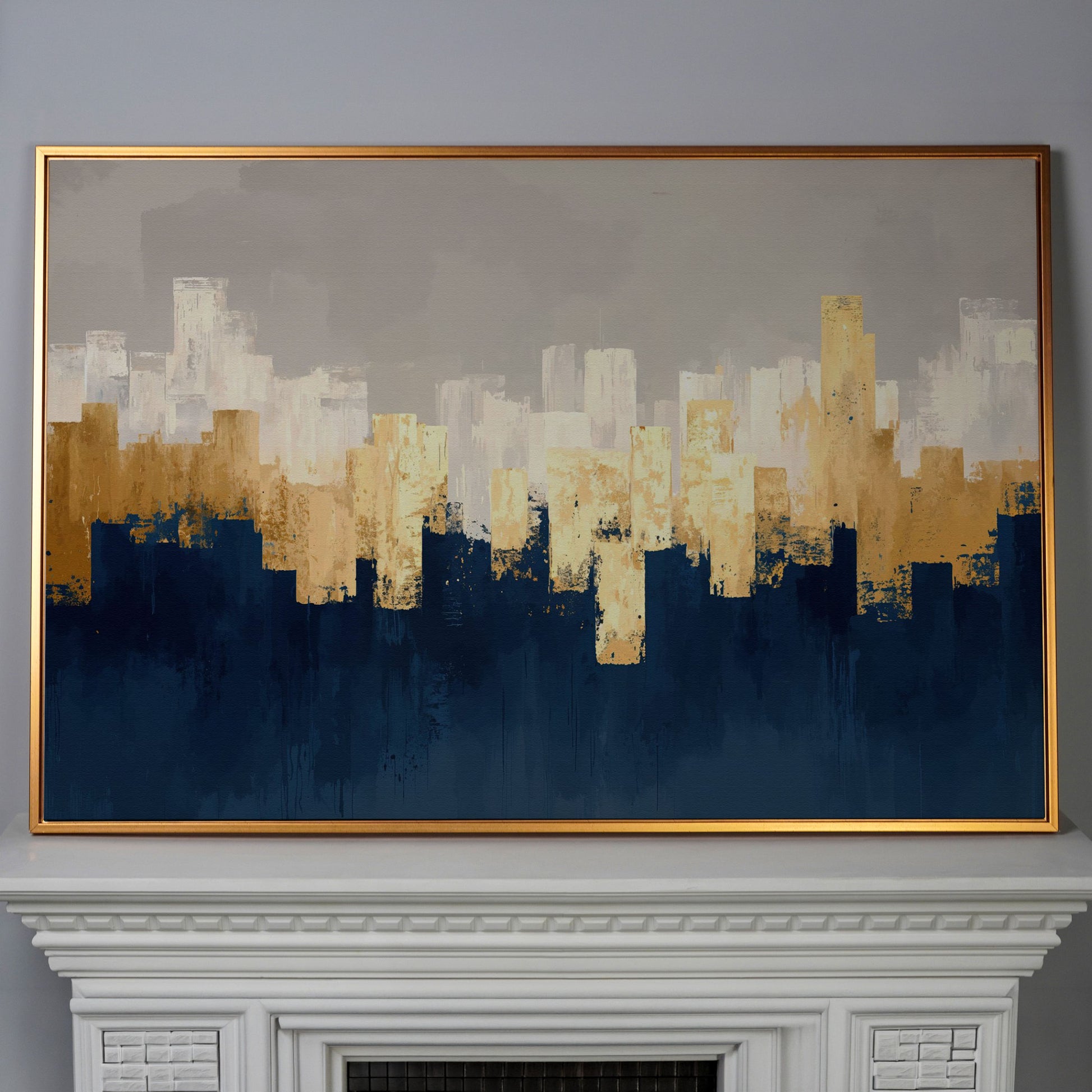 Gold and Navy Abstract Canvas in antique gold floating frame