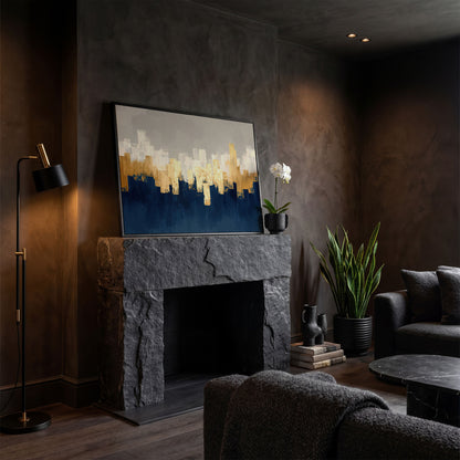 Gold and Navy Abstract Canvas in black floating frame
