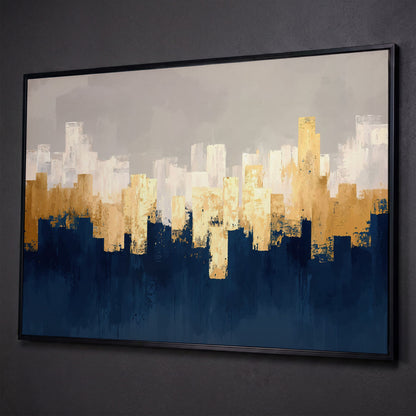 Gold and Navy Abstract Canvas shown in black floating frame