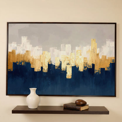 Gold and Navy Abstract Canvas in dark walnut floating frame