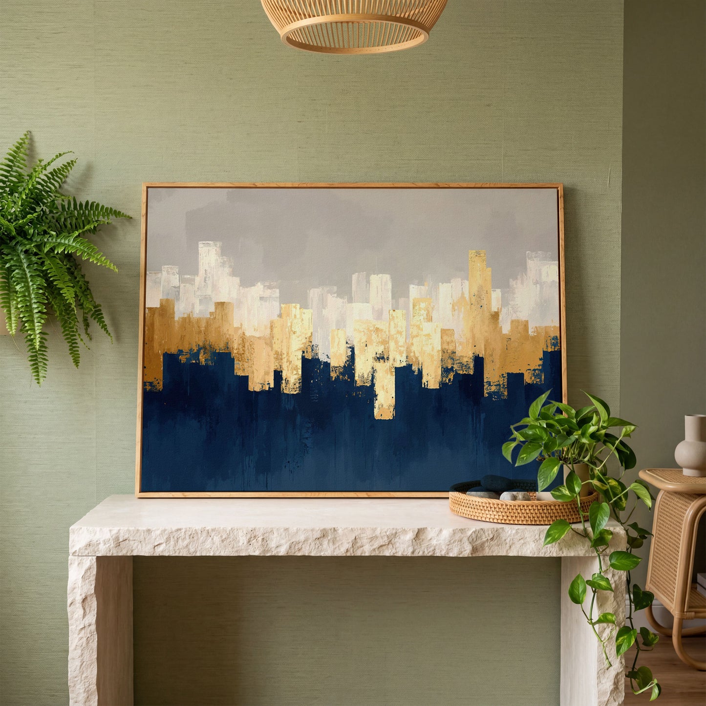 Gold and Navy Abstract Canvas in white oak floating frame