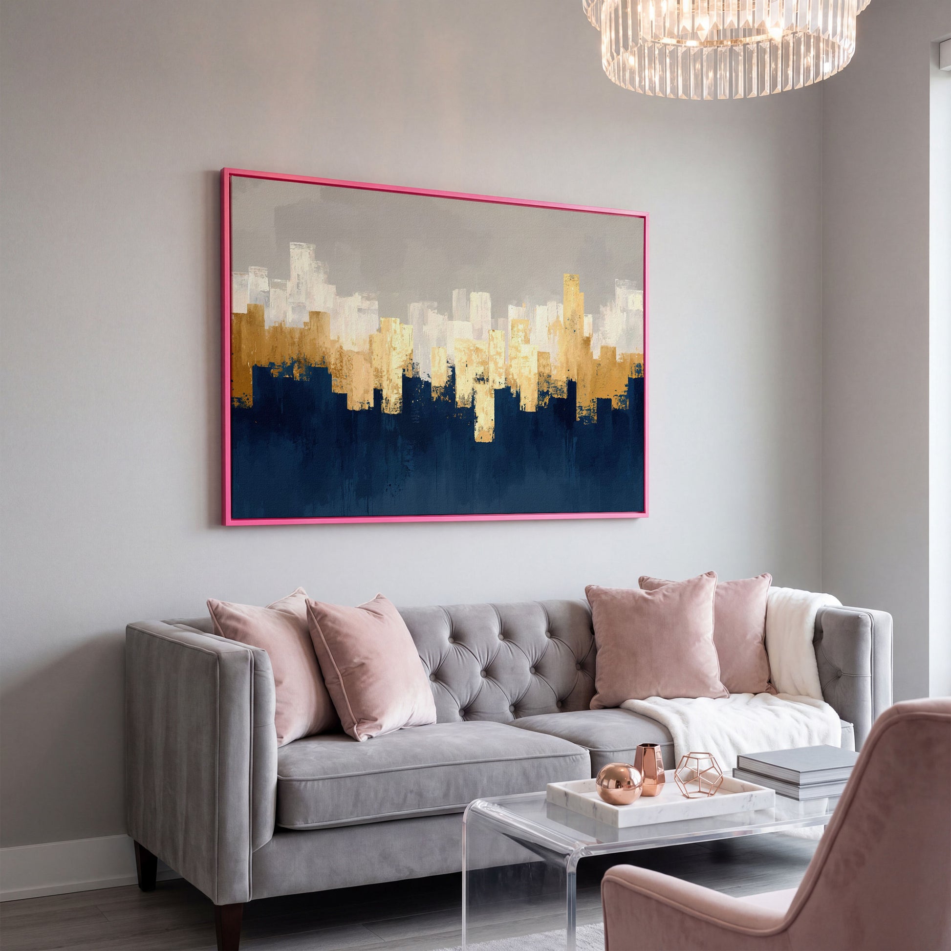 Gold and Navy Abstract Canvas in pink floating frame