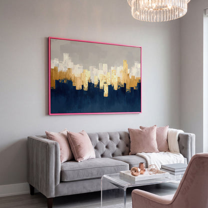 Gold and Navy Abstract Canvas in pink floating frame