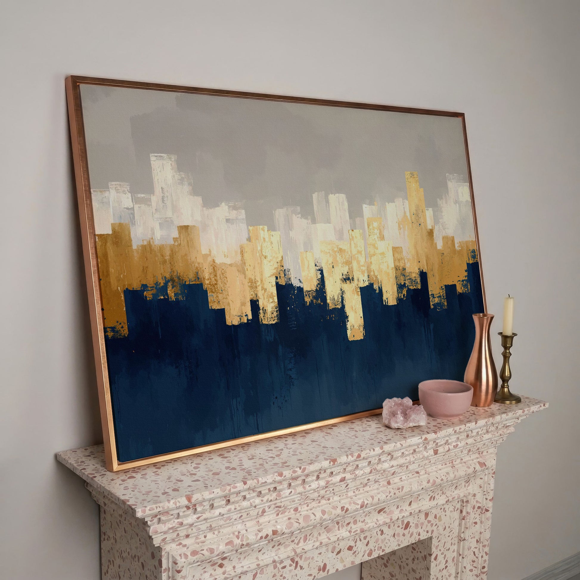 Gold and Navy Abstract Canvas in rose gold floating frame