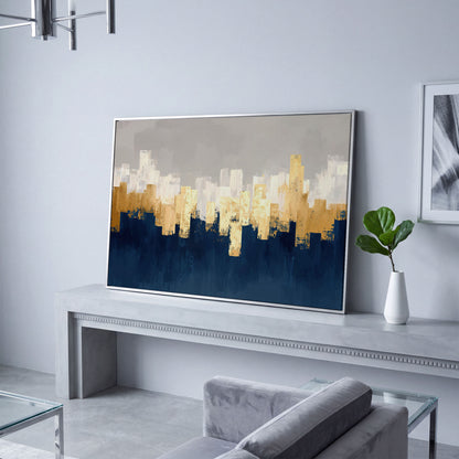 Gold and Navy Abstract Canvas in silver floating frame