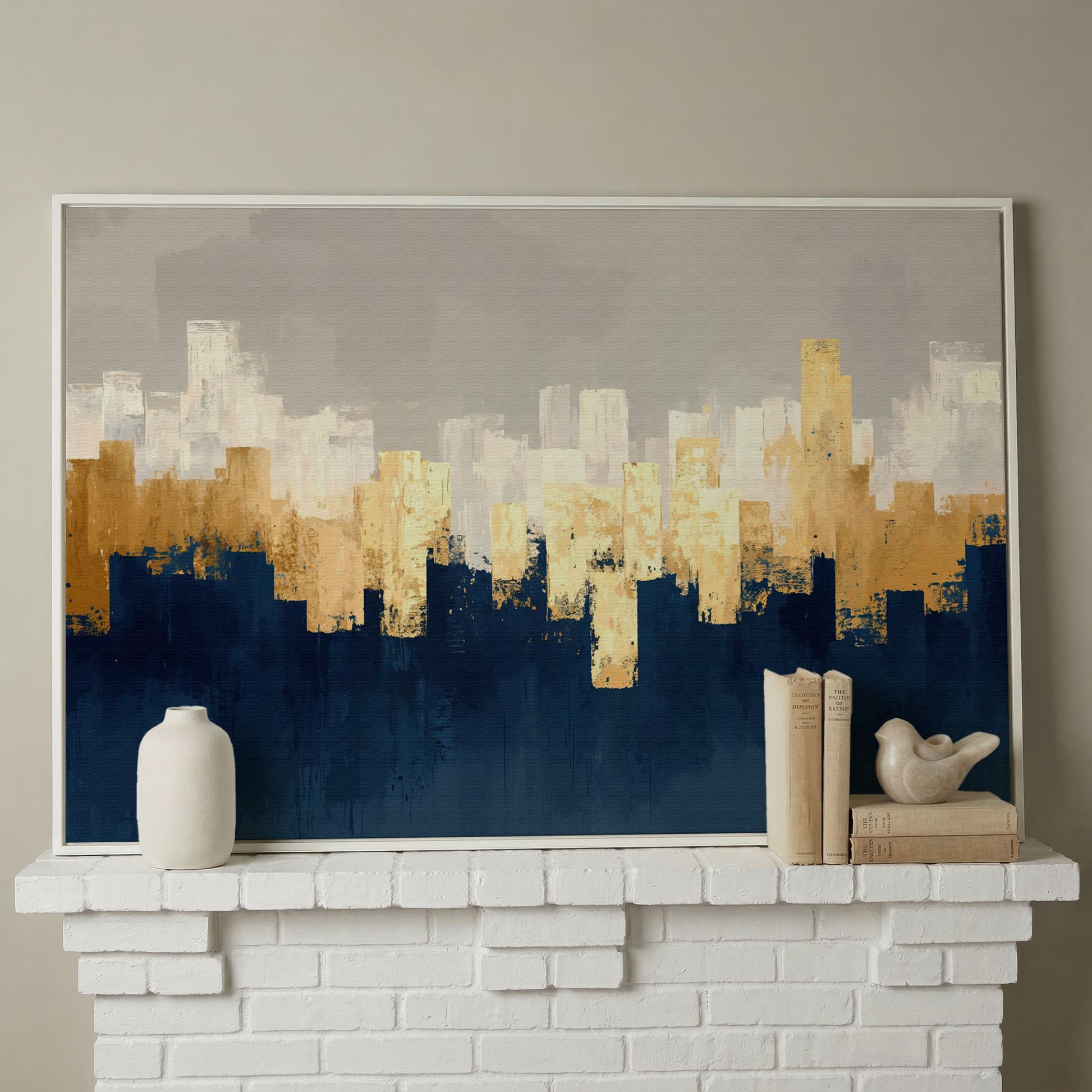 Gold and Navy Abstract Canvas in white floating frame